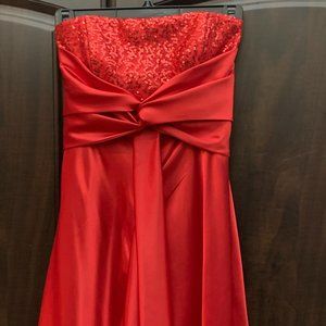 Red strapless satin sequin prom dress